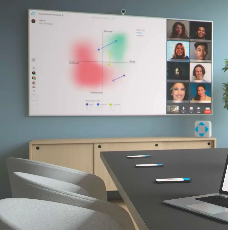 A conference room with the howee.do interface shown on the wall screen during a group video call, phones and a laptop on the table